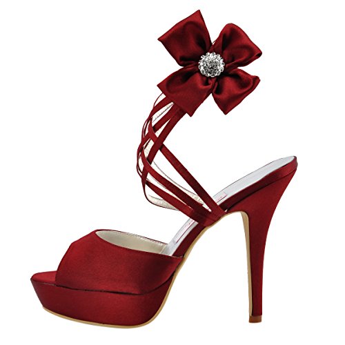 ElegantPark EP2031-PF Women Peep Toe Rhinestones Flowers Strappy Satin Wedding Sandals Court Shoes Burgundy UK 5