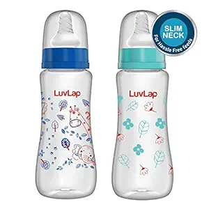 LuvLap Anti-Colic Slim / Regular Neck Essential Baby Feeding Bottle, 250ml (Pack of 2), New Born / Infants / Toddler upto 3 years, Jungle Tales & Wild Flowers, BPA Free,Blue