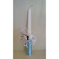 Taufkerze Kommunionkerze Jungen kerze weiße Wachskerze Erstkommunion mit Band und weißer Blume Höhe 25 cm eingerichtet