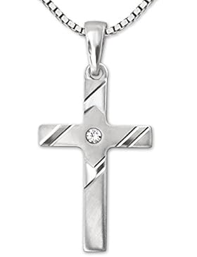 CLEVER SCHMUCK-SET Silberner Anhänger Kreuz 20 mm matt 1 Zirkonia mittig, Strich-Muster schräg diamantiert und...