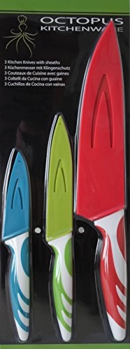 Küchenmesser Set – 3 Qualitäts-Messer mit Klingenschutz – Kochmesser, Allzweckmesser-Fleischmesser, Schälmesser-Gemüsemesser, antihaft – hygienisch, leicht zu säubern, extra scharf, rutschfeste Griffe - 3
