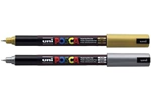 Posca Uni-Ball PC-1MR Lot de 2 marqueurs avec pointe ultra fine Doré et Argenté