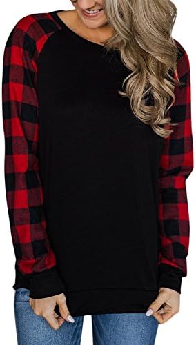 T Shirt for Women, TUDUZ Women O-Neck Long Sleeve Plaid Patchwork Sweatshirt Pullover Tops Blouse Shirt