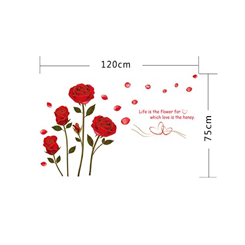 Qianxing abnehmbares wiederverwandbares schöne entspannte Landschaft Wandbild Wallsticker Blumen und Baum Serie Wandtattoo Aufkleber für Sofa und Fernsehen im Wohnzimmer Deko Wandpapier(rote Rosen)(120*75) - 2