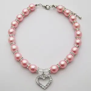 PetFavorites Petfavorites Engraved Crystal Heart Dog Necklace Jewelry with Bling Pearls Rhinestones Charm for Pets Cats Small Dogs Girl Teacup Chihuahua Yorkie Clothes Costume Outfits (Pink, Neck Size: 10