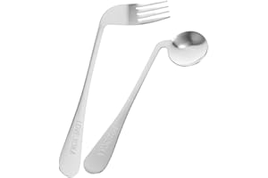 HEALVIAN Lot de 2 cuillères à fourchette courbées faciles à saisir - Ustensiles coudés auto-nourrissants - Couverts coudés en acier inoxydable - Couverts pour personnes âgées, patients, handicapés