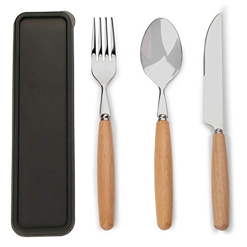 Homegogo Forchetta Cucchiaio Coltello Manico in Legno Set Posate da Viaggio Portatile Set Posate da Campeggio 3 Pezzi Acciaio Inox Lucidato a Specchio (Acciaio Inox + Legno)