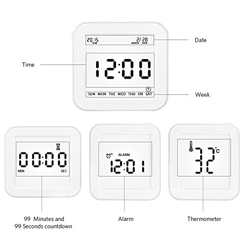 Digital Wecker, Schwerkraft-Sensor Wecker Multi Funktionen Wecker betrieben mit großen Bildschirm, Datum, Zeit, Kalender, Temperaturanzeige, Alarm, Countdown für Kinder, Jugendliche, Teenager weiß - 5