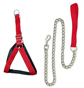 Tame Love? Chest Belt and Dog Chain Leash for Adult Breeds (Harness Red Color - 1.25 Inch)