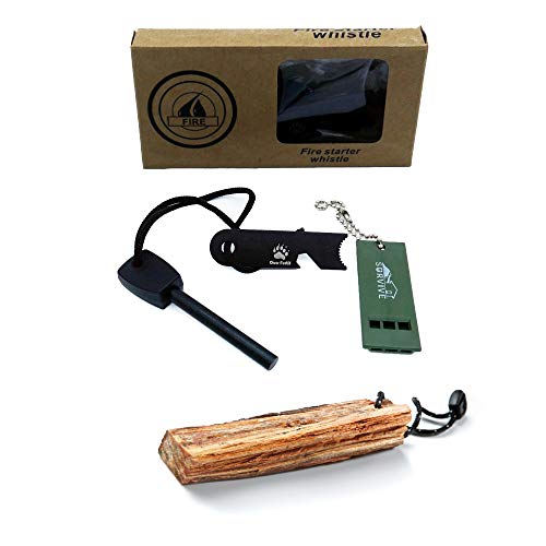 Ours Furtif Pierre à feu Ferrocérium Kit étanche + Sifflet de Survie + Grattoir Multi-Outils + Tindersticks Bois de Pin - Facile à Utiliser - Fortes étincelles - 10,000+ utilisations