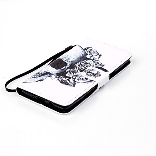Hülle für Samsung Galaxy J5 2016, Tasche für Samsung Galaxy J5 2016, Case Cover für Samsung Galaxy J5 2016, ISAKEN Malerei Muster Folio PU Leder Flip Cover Brieftasche Geldbörse Wallet Case Ledertasche Handyhülle Tasche Case Schutzhülle Hülle Etui im Bookstyle mit Handschlaufe Strap Standfunktion Magnetverschluss und Karte Halter für Samsung Galaxy J5 2016 5.2 Zoll – Skull Blumen - 3