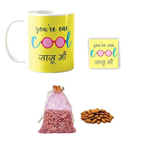 YaYa Cafe™ Birthday Gifts for Mother in Law Cool Sasu Maa Mug, Coaster with 150 GMS Almonds (Badam) Dry Fruits Gifts Combo