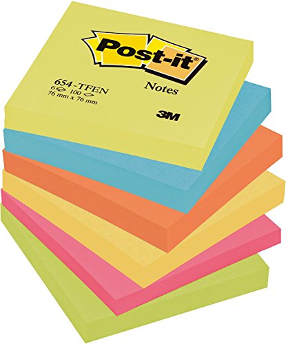 3X Post-it Colour Notes, Energy, 76mm x 76mm (654-TFEN) - 1 pack of 6 pads, 100 sheets per pad