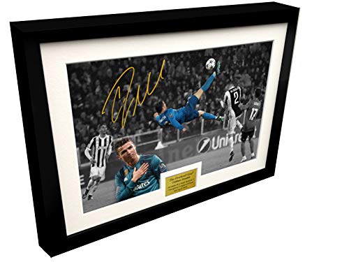 Kicks Póster de Cristiano Ronaldo The Overhead Goal, fotografía de Juventus 0 vs Real Madrid 3", tamaño A4, 12 x 8, firmada por autógrafo, Marco Negro, póster de fútbol