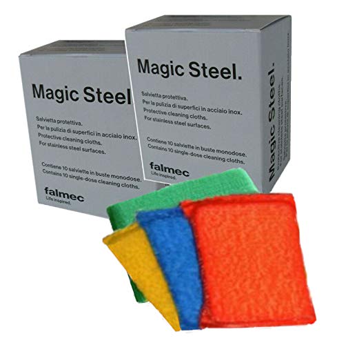 Falmec 20 Toallitas Magic Steel para limpieza de acero inoxidable (2 paquetes de 10 piezas) + regalo Una esponja de microfibra abrillantador para Vajilla