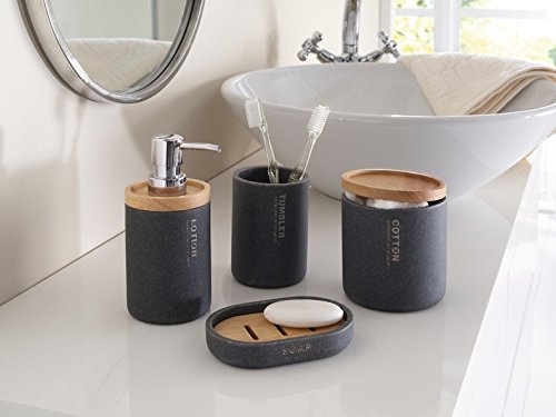 Bad-Set "Anthrazit" 4 tlg. Kunststein Seifenspender Zahnputzbecher Seifenschale Kosmetikdöschen