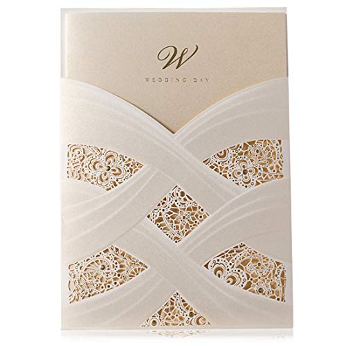 Wishmade - Juego de 20 tarjetas de invitación de boda cortadas con láser color marfil con manga de encaje, diseño de flores, cartulina, 20 piezas para despedida de soltera