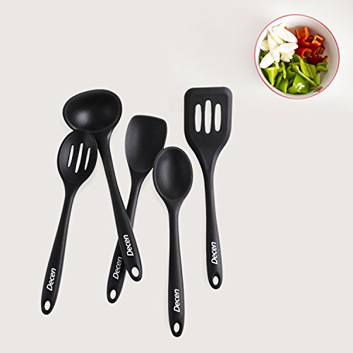 Decen Küchenutensilien Set, Silikon Dreher, Suppenkelle, Schlitzlöffel, Spachtel und Löffel, Schwarz - 4
