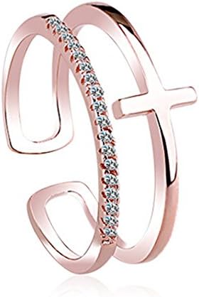 Shawa Jewelry Fashion New Double Bands 925 Sterling Silver Open Ring with Diamond for Women Cross Shaped Ring Adjustable Size (rose gold)