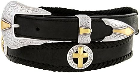 Men Leather Hand-Laced Edging Cross Silver Gold Engraved Buckle 1" Belt