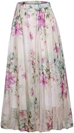 Annflat Women's Floral Printed Frill Chiffon Maxi Skirt X-Large Light Green