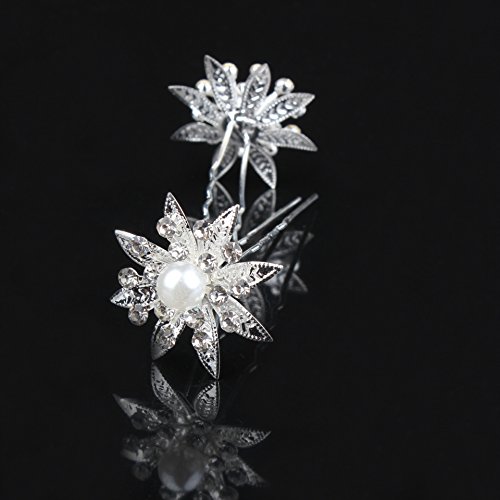 Miya® 4Stück für Prinzessin hochwertige wunderschöne Stern Blumen Silber Haarspiralen Haar Curlies aus Perle und Strass, Braut Hochzeit Jugendweihe Haarnadel Haarschmuck - 4