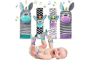 WILLOWS CASTLE Foot Finder Socks & Wrist Rattles - Newborn Sensory Toys for Baby Boy or Girl - Brain Development Infant Toys - Hand and Foot Rattles for 0-3, 3-6, 6-9, 9-12 Months Babies (Black & White)
