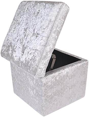 Fabric footstool in Silver crushed velvet chesterfield style with large storage compartment hinged lid with strong padded seat use as pouffe or ottoman in living rooms by UK Home Accessories