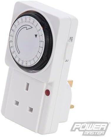 Plug-In Mechanical Timer 24 Hour 24 hour timer. 15 minute switching intervals. 15 minute to 24 hour range setting. 13A rating controlling loads up to 3kW. Manual override switch.