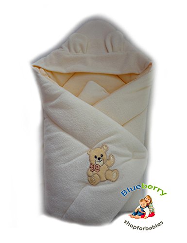 WARM THERMO TERRY NEWBORN Baby Swaddle Wrap Blanket, duvet, Sleeping Bag BABY'S HORN (hooded cream/apricot)