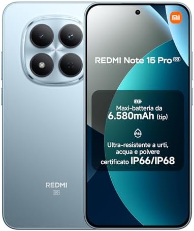 XIAOMI Redmi Note 15 Pro 5G, Smartphone 8+256GB, Batteria massiccia da 6580 mAh, IP66/IP68, Nuova fotocamera 200 MP, Display AMOLED da 6,83", Blu Ghiacciaio, Garanzia 2 anni, Caricatore non incluso