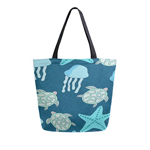 Preisvergleich Produktbild Ocean Jellyfish Sea Star Tragbare Große Doppelseitige Casual Leinwand Tragetaschen Handtasche Schulter Wiederverwendbare Einkaufstaschen Reisetasche Für Frauen Männer Lebensmittelgeschäft Reise