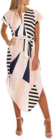 Hot Sale! Womens Vintage Summer Casual Short Sleeve Long V Neck Geometric Printed Maxi Dress With Belt (White, XL)