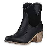  SCARPE VITA Damen Cowboy Boots Western Stiefeletten Blockabsatz Schuhe Leder-Optik Cowboystiefel Stickereien 180191 Schwarz Braun 37