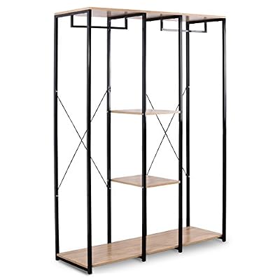 WOLTU SR0048hei Porte-Manteau Portant à vêtements avec étagère en Bois et Acier,Noir + chêne Clair