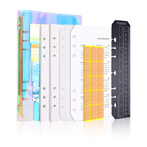 Larcenciel Cahier d'écriture A5 Rechargeable Journal reliure/ Planificateur quotidien Agenda de voyage,Couverture bloc-notes+90 Insérer une page+6 diviser l'indice+Règle+Calendrier+Poche de carte