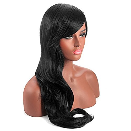 MelodySusie® schwarze lange lockige Perücke – hohe Qualität lange lockige Perücke inkl. Perückenkappe und Perückenkamm (schwarz) - 5