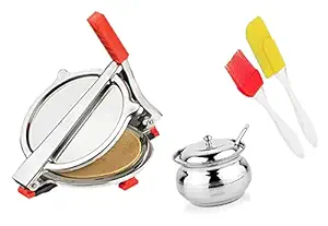 Gnesha Combo Stainless Steel Food Grade roti Maker Puri Maker + Ghee Pot +Spatula Manual Press Machine Stainless Steel Roti Press for Papad/Khakhra/Chapati Maker Etc Pack of -1