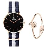 XLORDX Damen Armbanduhren Ultra Dünne Blau Weiß Nylon Band Schwarz Zifferblatt Analoge Quarz mit Rosegold Armreif