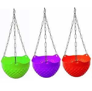 XODI Plastic Hanging Pot and Flower Pot with Chain Plant Container Set 6 Inches (Pack of 3) (Colour-May Very)