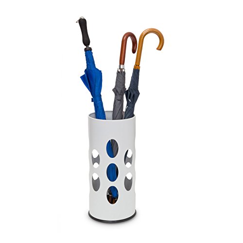 Relaxdays Regenschirmständer rund HBT 49,5 x 22,5 x 22,5 cm Metall Schirmständer mit Wasserauffangschale für Regenschirm, Gehstock oder Nordic Walking Stöcke aus Stahl mit schöner Ornamentik, weiß