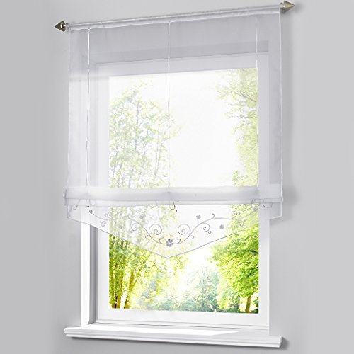 1er-Pack Voile Stickerei Bändchenrollo mit Tunnelzug Raffrollos, Weiß, B/H: 80/140cm