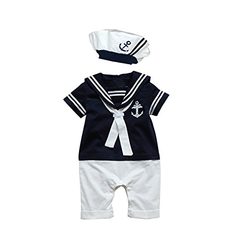 Baby Boy Girl 1pc Sailor Romper Suit with Hat Grow Outfit 0-24M (6-12 month, Dark blue shirt & white short)