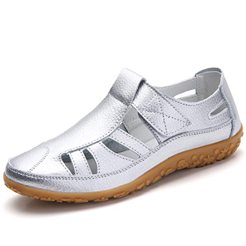 Z.SUO Sandalias Mujer de Cuero Planas Cómodos Casual Mocasines Loafers Moda Zapatos Plano Verano Sandalias y Chanclas(41 EU,Plateado)