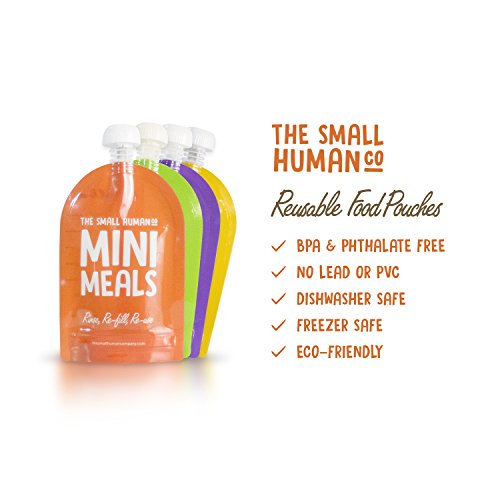 Mini Meals Quetschies 8er Pack + KOSTENLOSES REZEPTBUCH – Wiederverwendbare Quetschbeutel – BPA frei – leicht zu füllen & reinigen – geeignet für alle Kinder – ideal beim abstillen sowie für Bio-Lebensmittel, hausgemachte Babybreie, Yoghurt oder Smoothies - 7