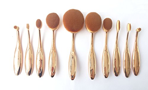 Goldrose 10 pcs Soft Oval Toothbrush Mermaid Multipurpose Makeup Brush Set Foundation Brushes Cream Contour Blush Powder Concealer Brush Cosmetics Tool (Gold)