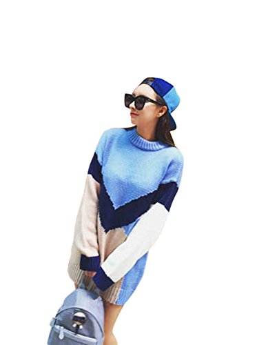 Women's High Neck Hit Color Irregular Casual Knitted Loose Pullover Sweater Blue