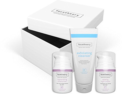 Facetheory Skincare Gift Box. 1 x Glycolic Cleanser, 1 x Day Cream, 1 x Night Cream, 1 x Exfoliating Muslin Cloth. A Perfect Gift for Men and Women.