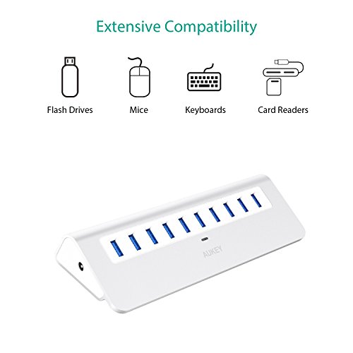 Aukey CB-H6 USB 3.0 Hub 10 Ports Aluminum, Verteiler mit 36W Netzteiladapter für Apple MacBook, Win XP/7/8 Laptop silber - 2