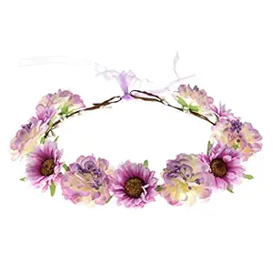 June Bloomy Rose Flower Leave Crown Halo Headband with Adjustable Ribbon (A Purple)